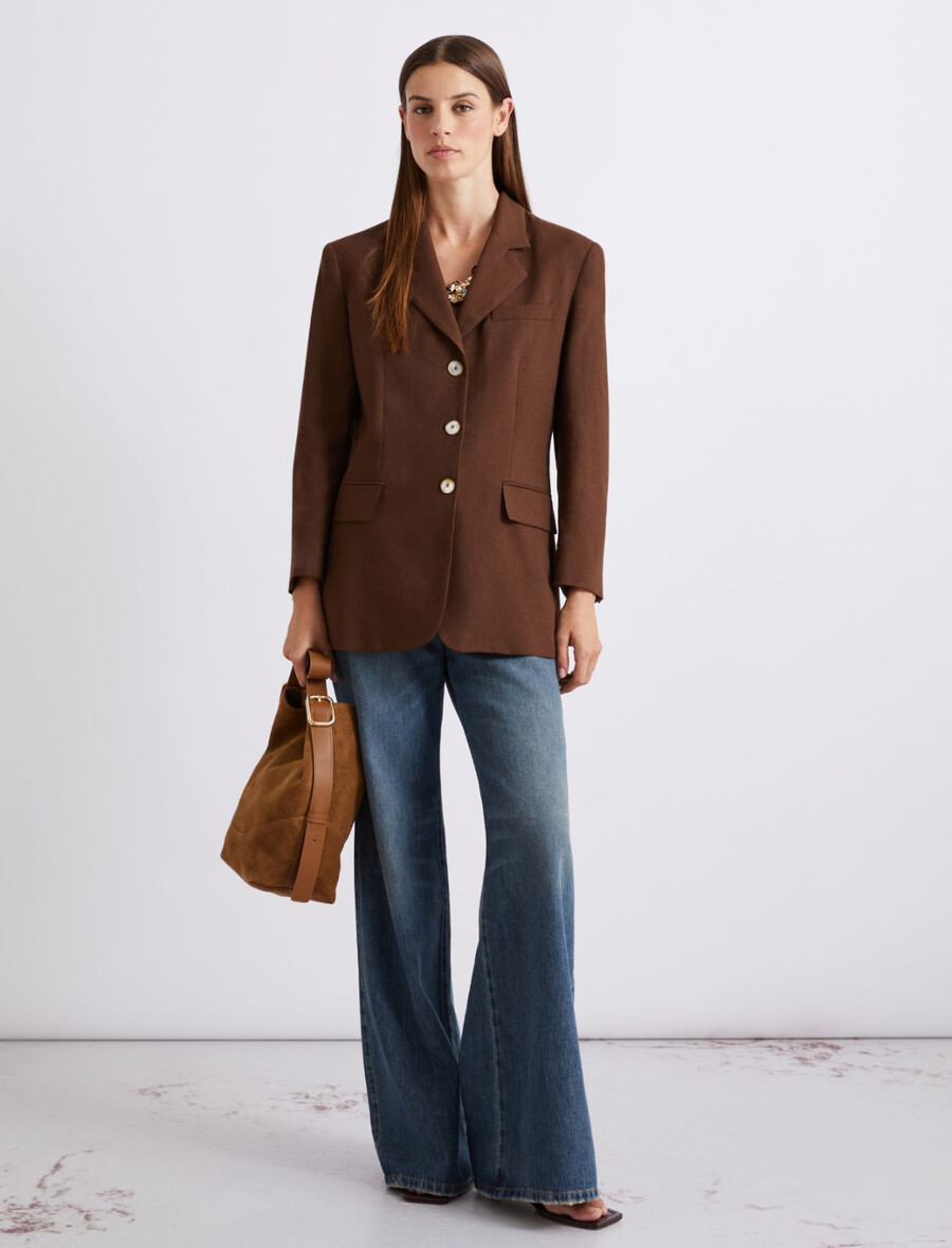 einreihiger blazer aus leinenmischgewebe – braun