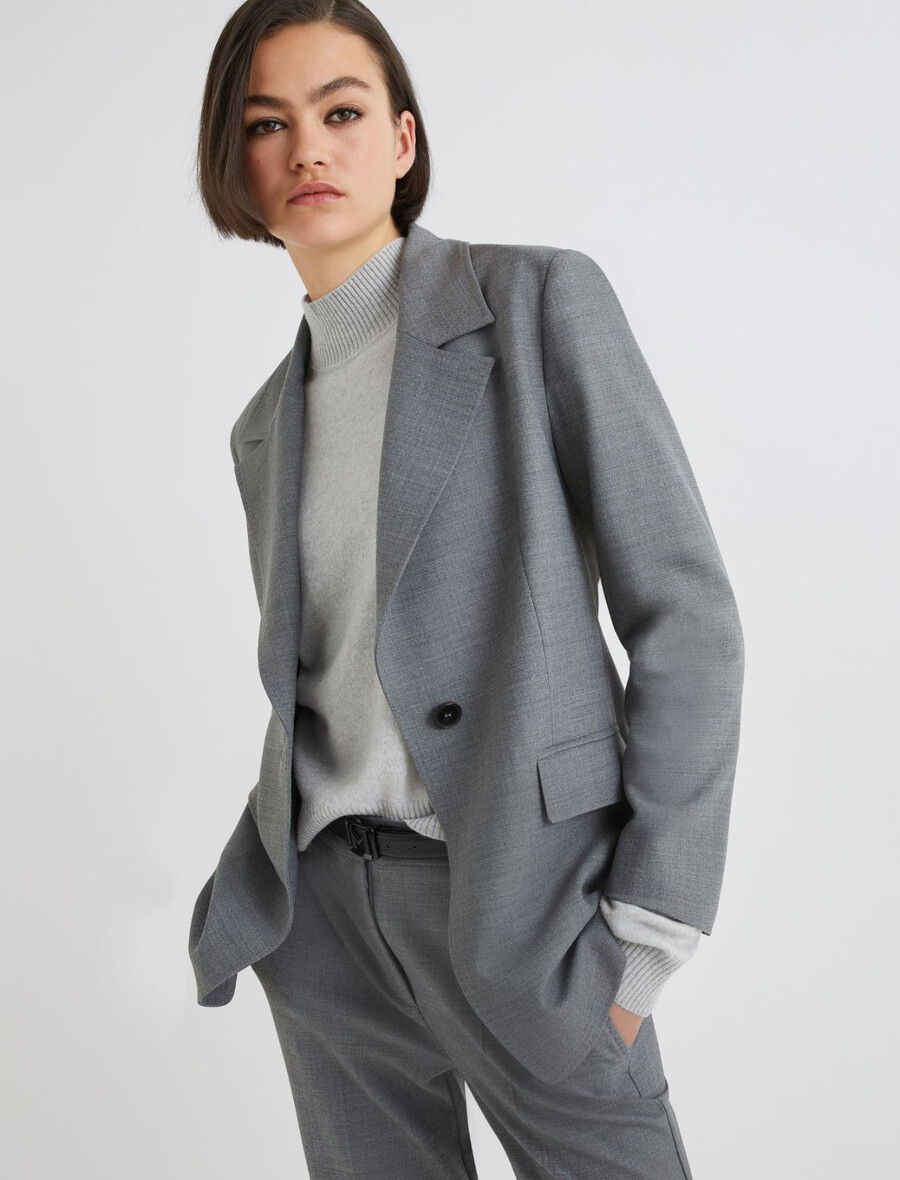 jacke mit halbem gürteldetail – melange grau