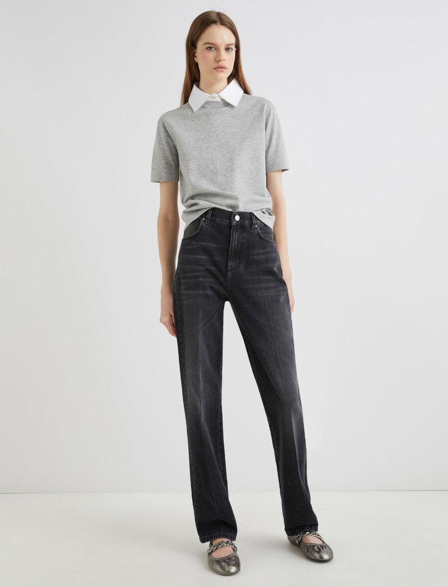 abgesteppte jeans mit weitem bein – schwarz