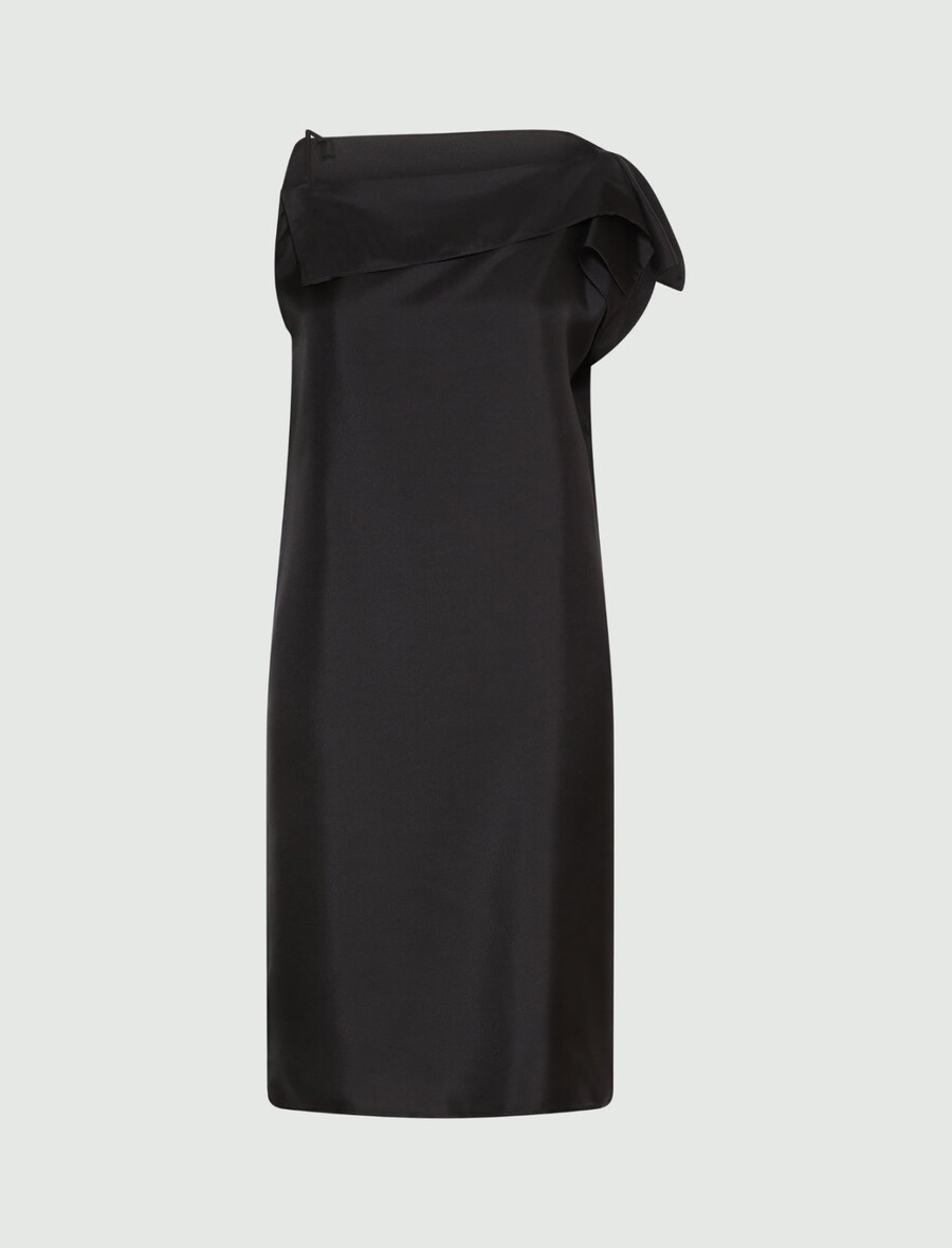 seidentwillkleid mit asymmetrischem ausschnitt - schwarz