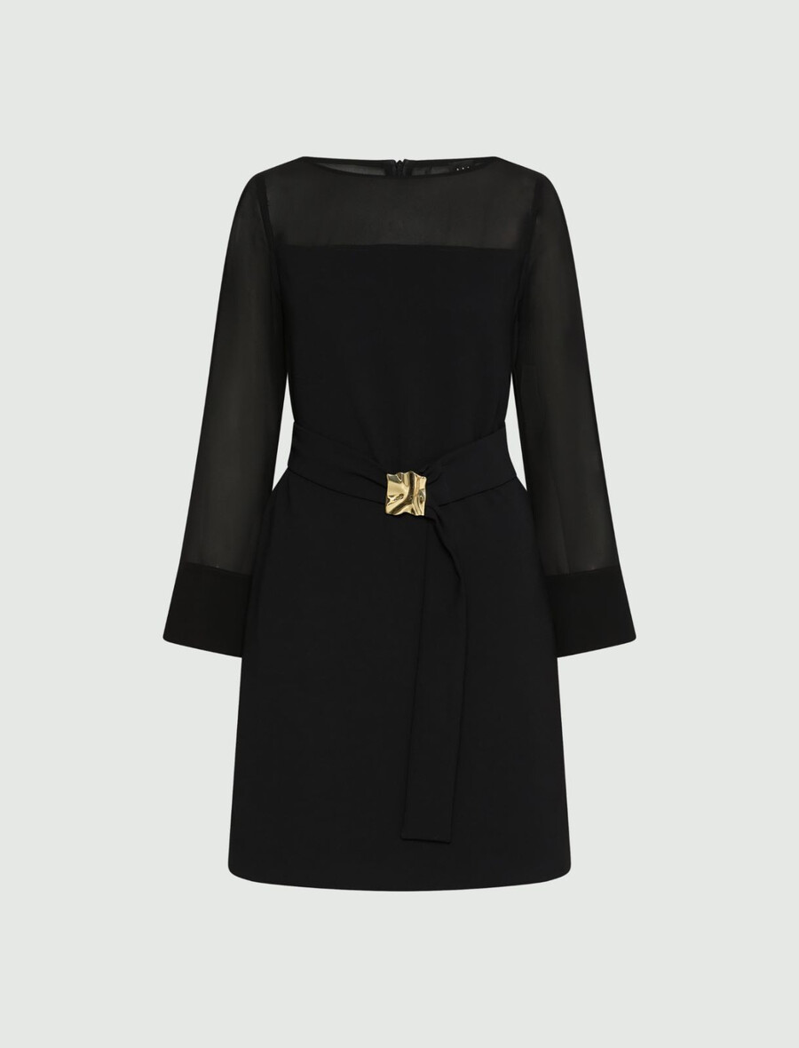 envers satin- und georgette-kleid mit gürtel – schwarz