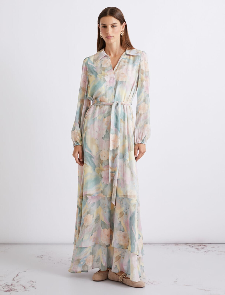 langes bedrucktes georgette-kleid – hellblau