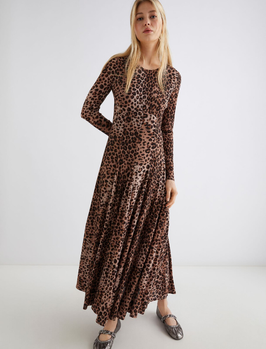 jerseykleid aus tüll mit tiermuster - natur