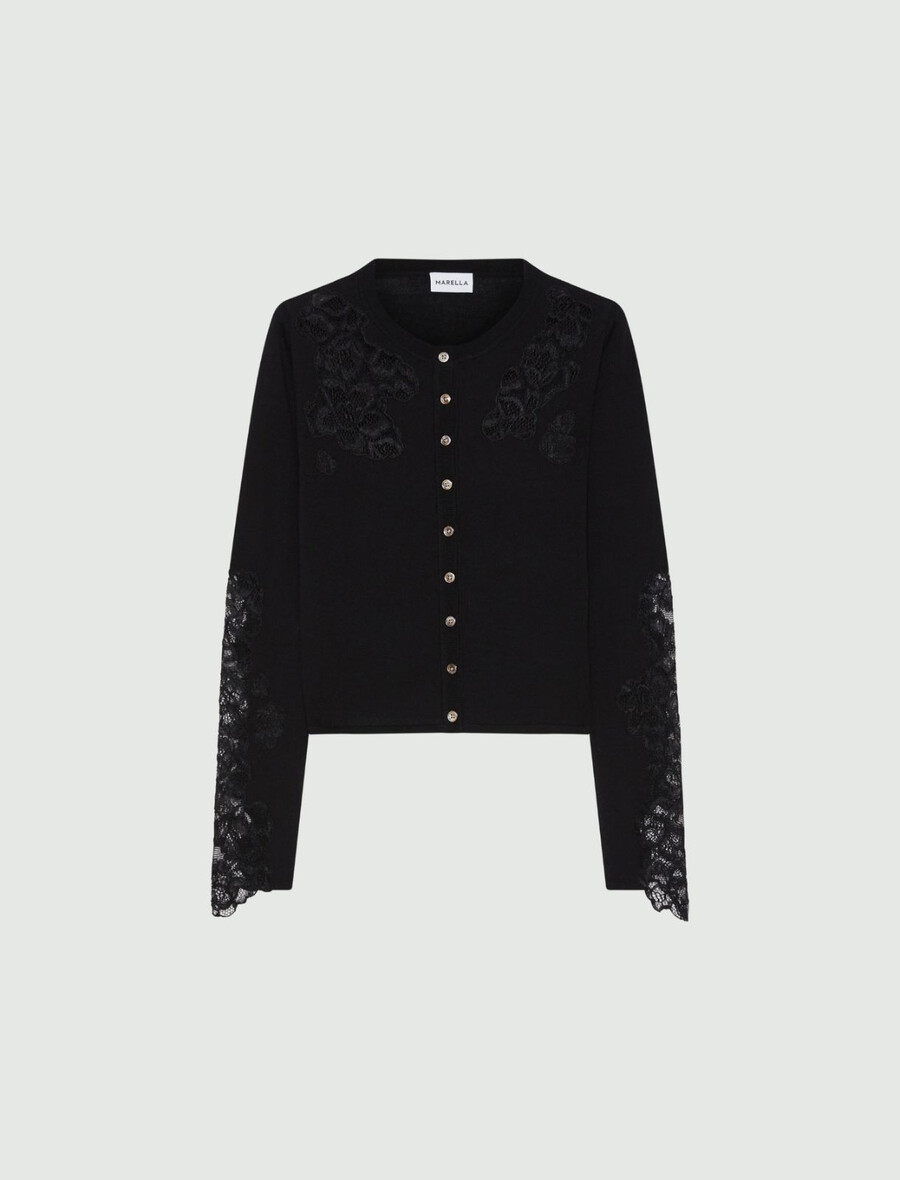 strickjacke mit spitzendetails – schwarz