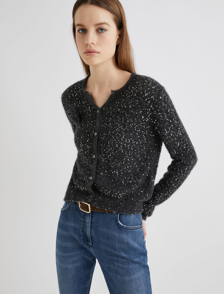 paillettenbesetzte strickjacke – melange grau