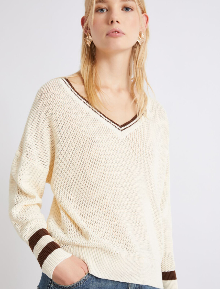 baumwollpullover mit v-ausschnitt - wolle weiss