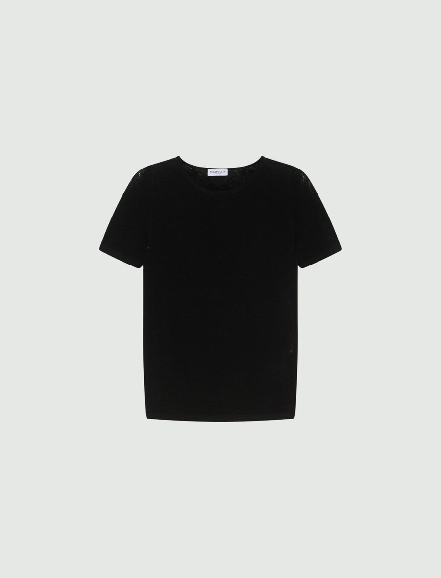 ultraleichtes spitzenstrick-t-shirt – schwarz