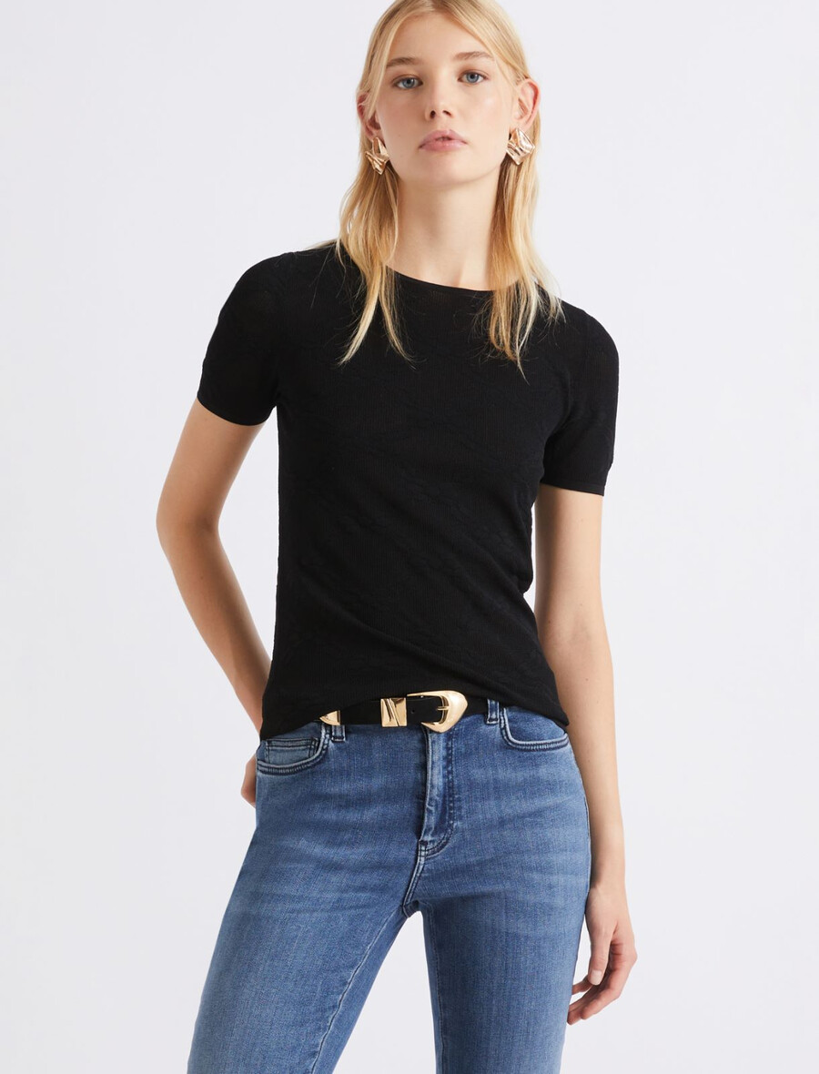ultraleichtes spitzenstrick-t-shirt – schwarz