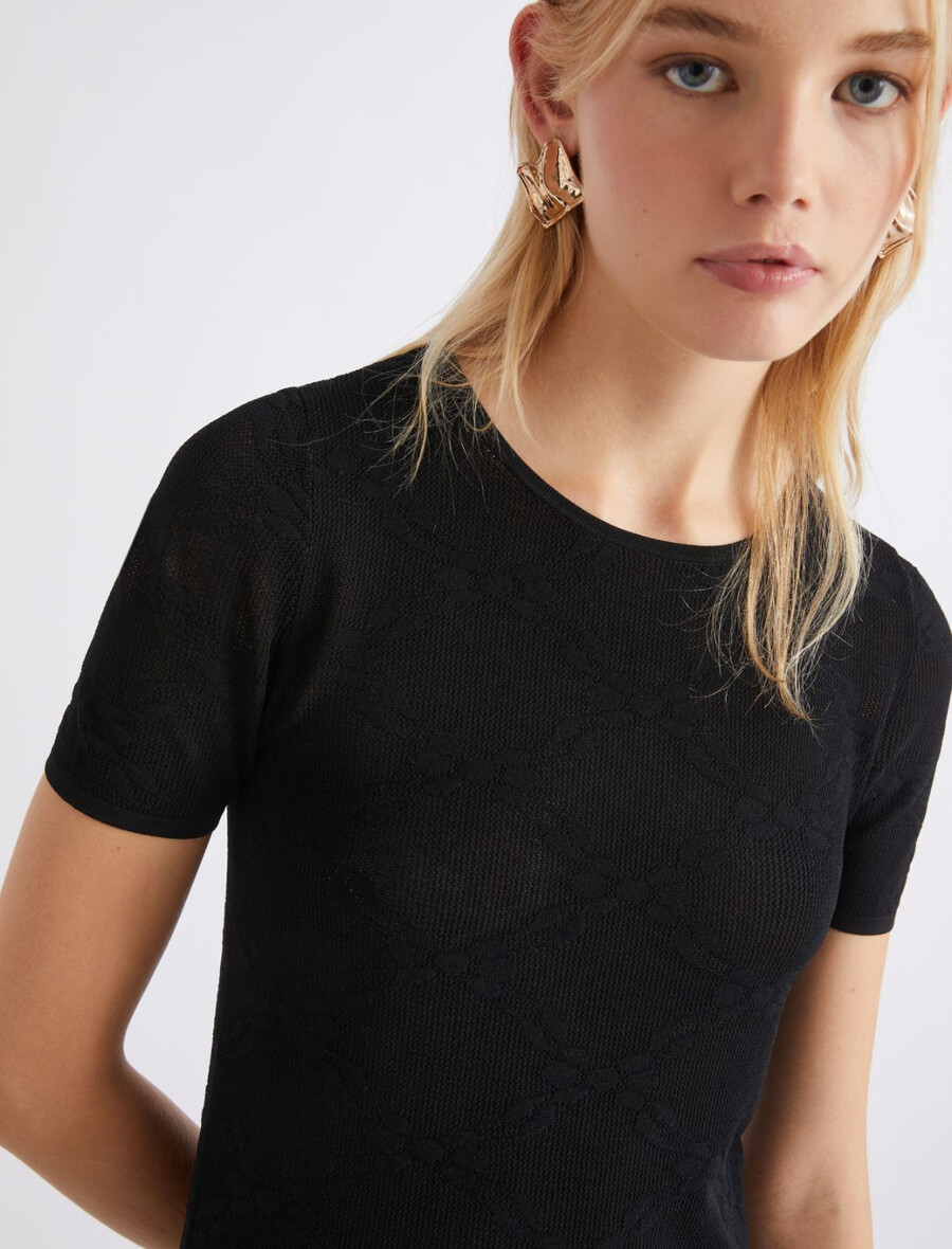 ultraleichtes spitzenstrick-t-shirt – schwarz