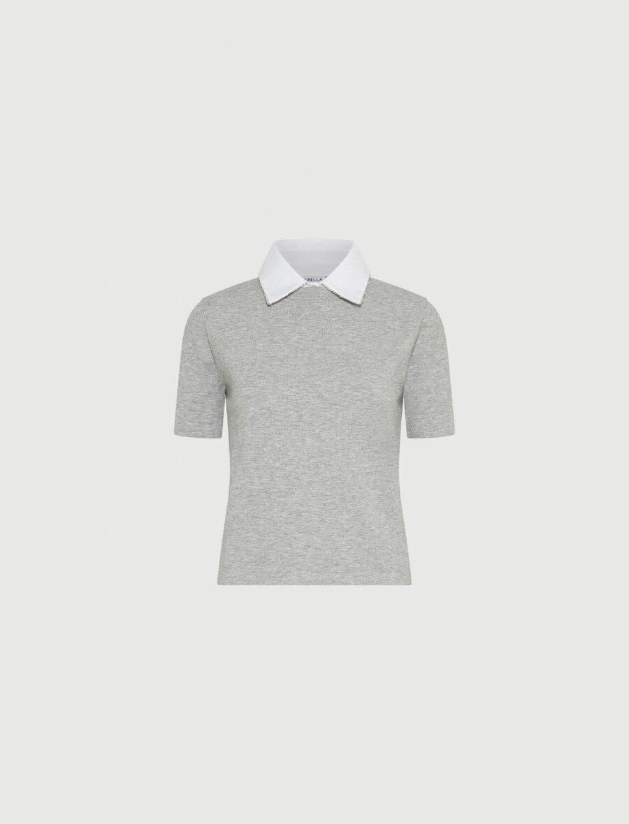 t-shirt mit abnehmbarem kragen und kristallverzierung – grau