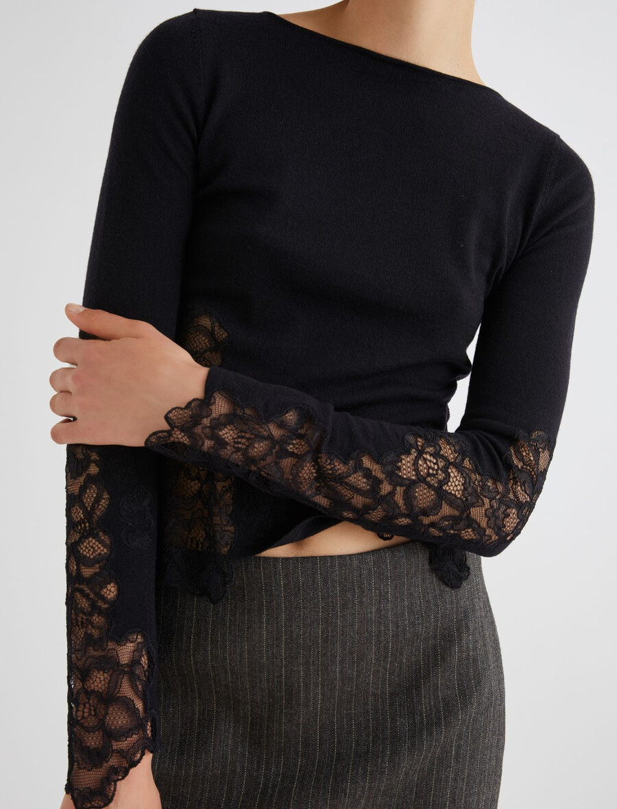 eng anliegender pullover mit spitzenbesatz – schwarz