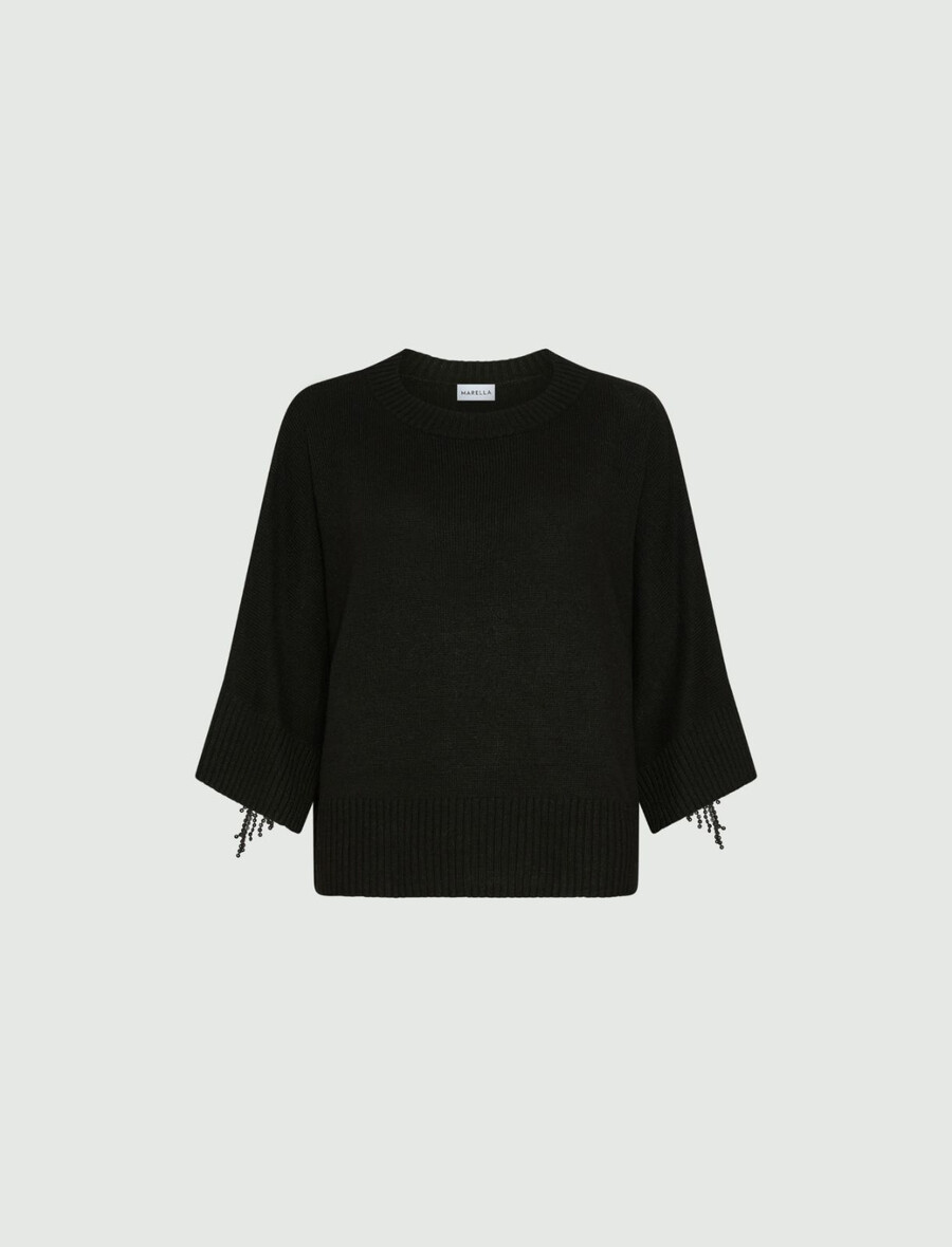 paillettenbesetzter kaschmirpullover mit fransen - schwarz