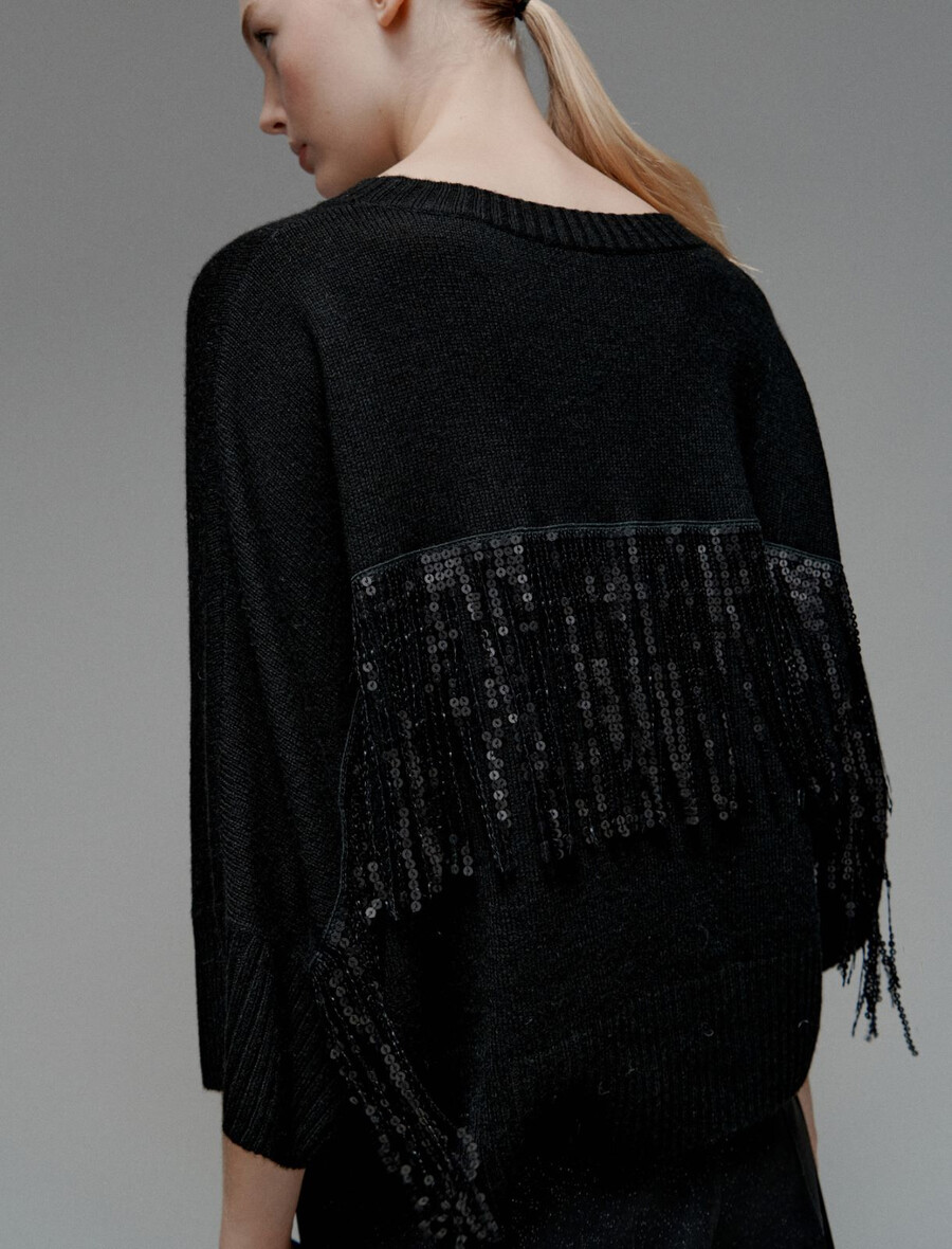 paillettenbesetzter kaschmirpullover mit fransen - schwarz