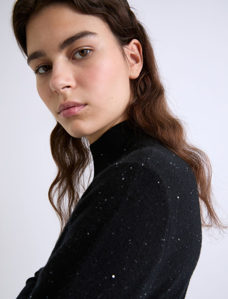 rollkragenpullover mit mikropailletten – schwarz