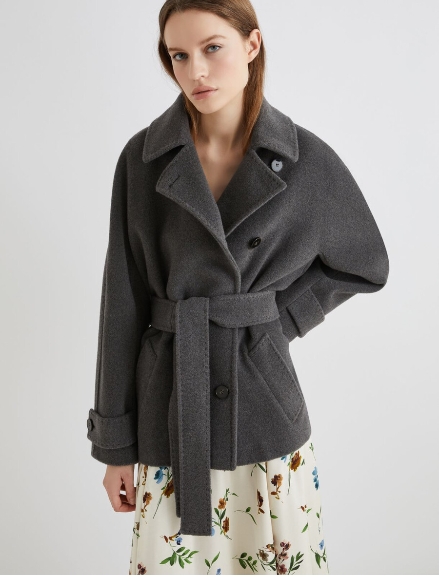 schwere jacke aus reiner wolle mit gürtel – melange grau