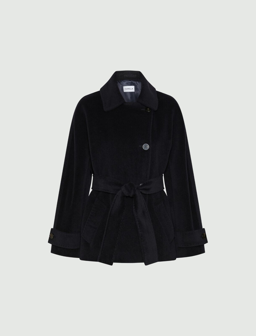 schwere jacke aus reiner wolle mit gürtel – marineblau