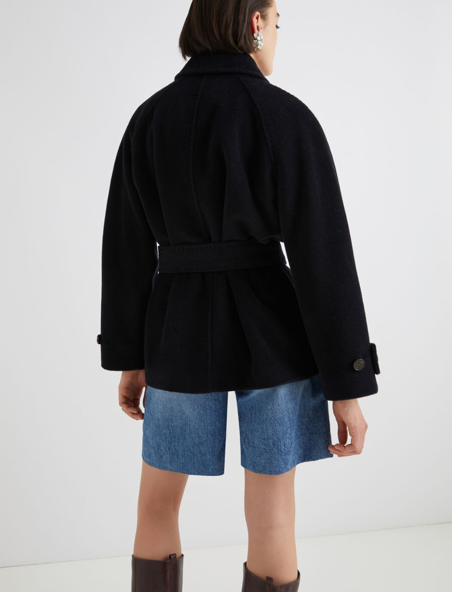 schwere jacke aus reiner wolle mit gürtel – marineblau