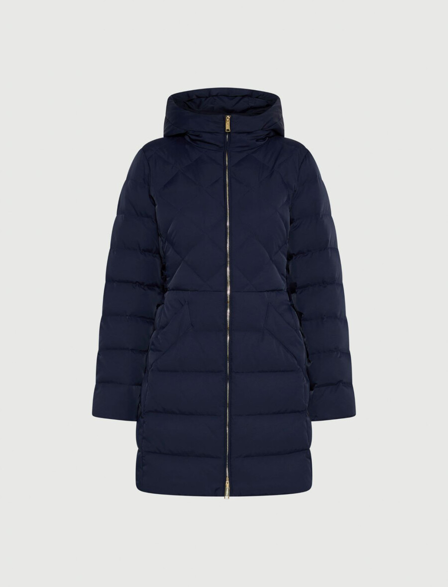 wasserabweisende lange daunenjacke mit taillierter passform - marineblau