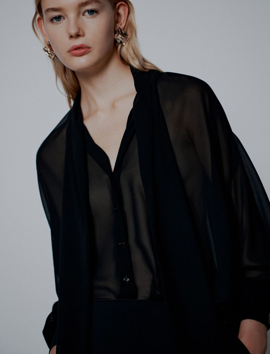 bluse aus crêpe-georgette mit bindeband – schwarz