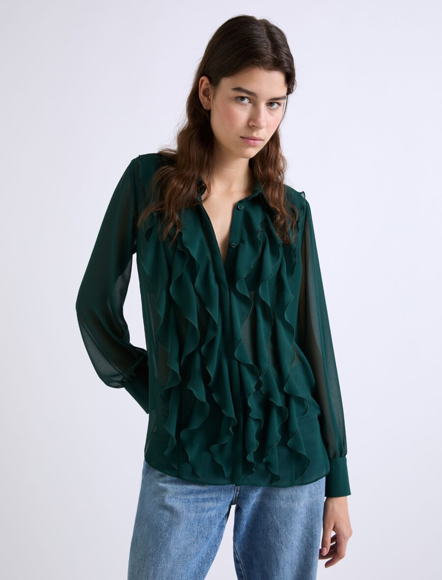 rüschenbluse aus georgette – dunkelgrÜn