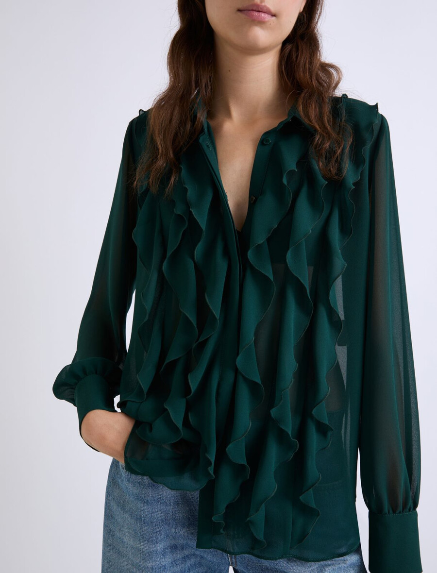 rüschenbluse aus georgette – dunkelgrÜn