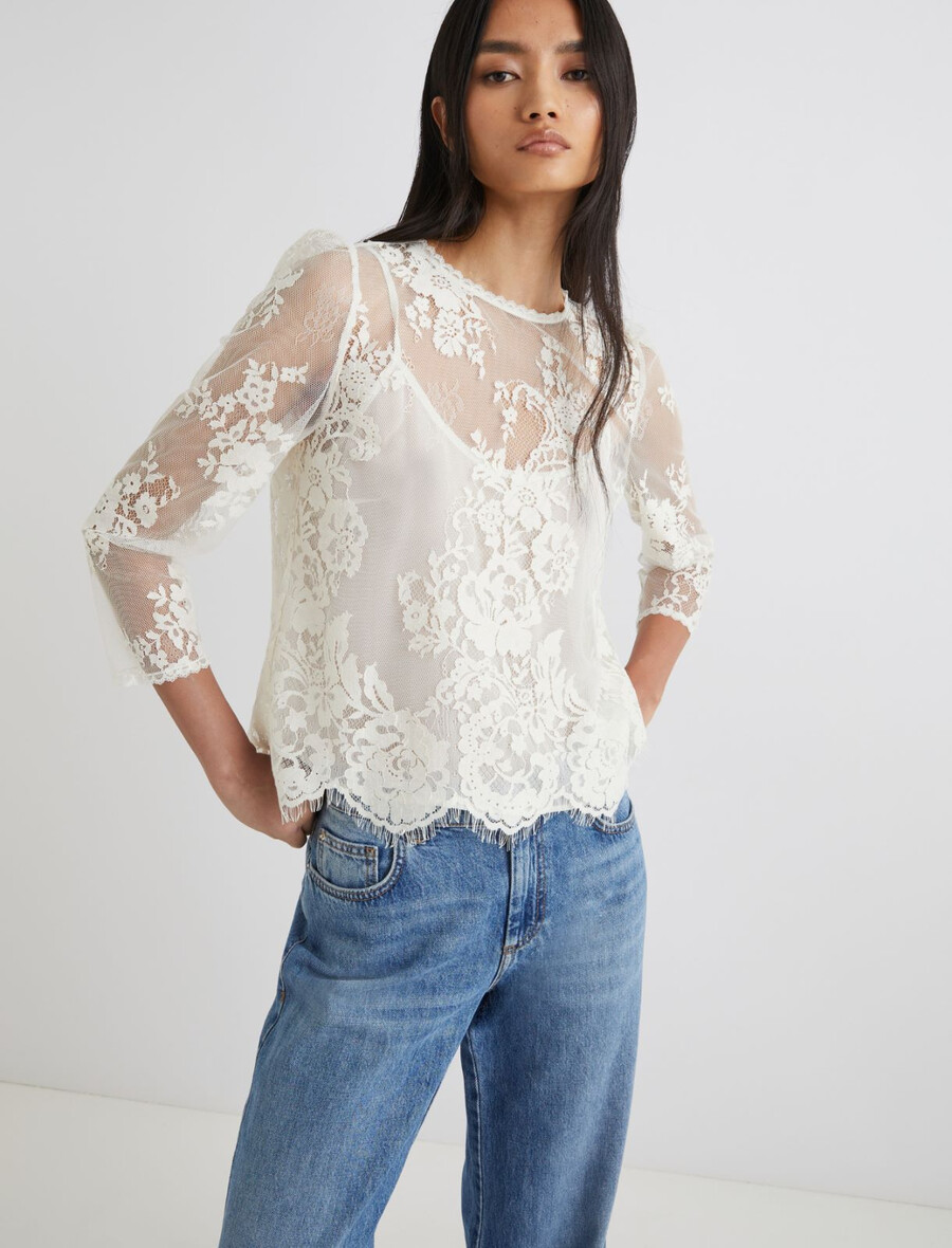 bluse aus chantilly-spitze – creme