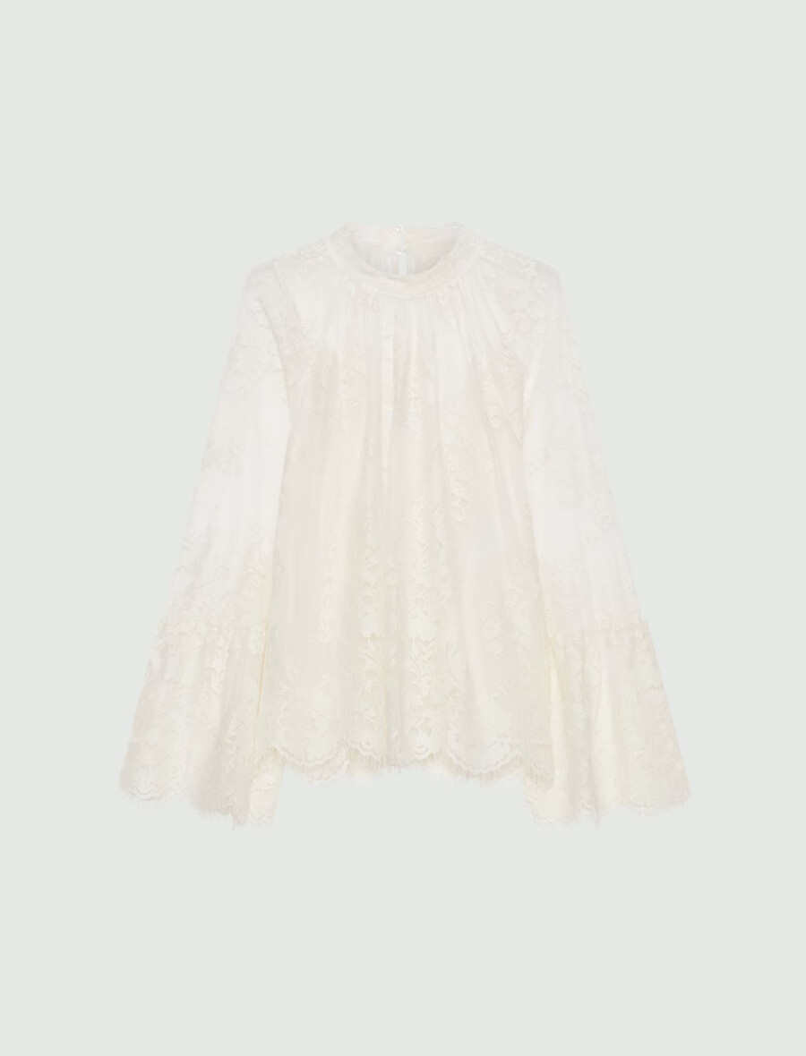 bluse mit chantilly-spitze und muschelsaum – creme