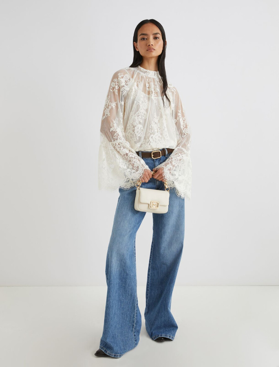 bluse mit chantilly-spitze und muschelsaum – creme