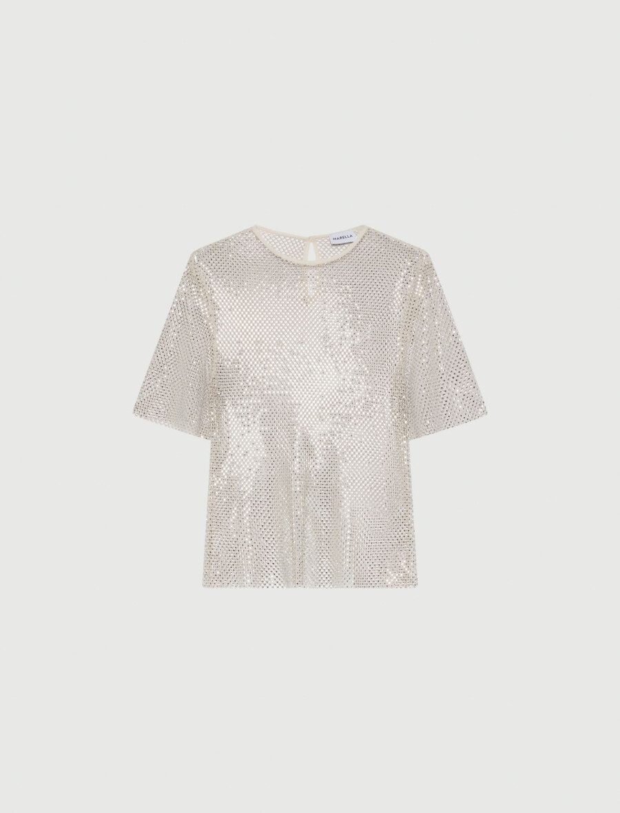 strassbesetztes netz-t-shirt - wolle weiss
