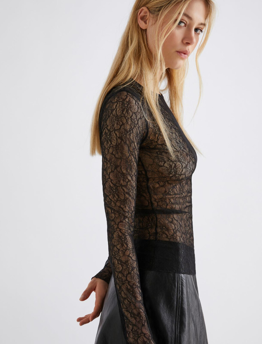 stretch-spitzen-t-shirt – schwarz