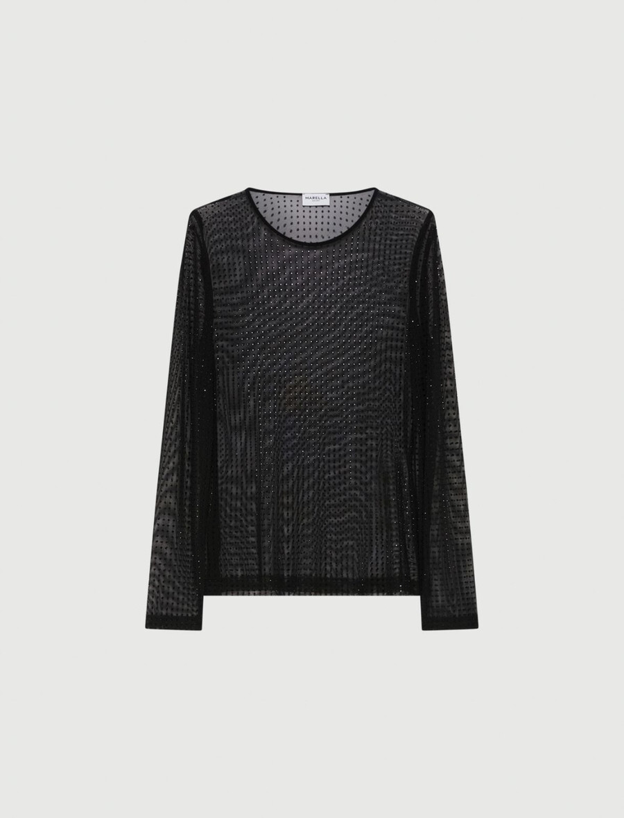 mit kristallen besetztes tüll-t-shirt – schwarz