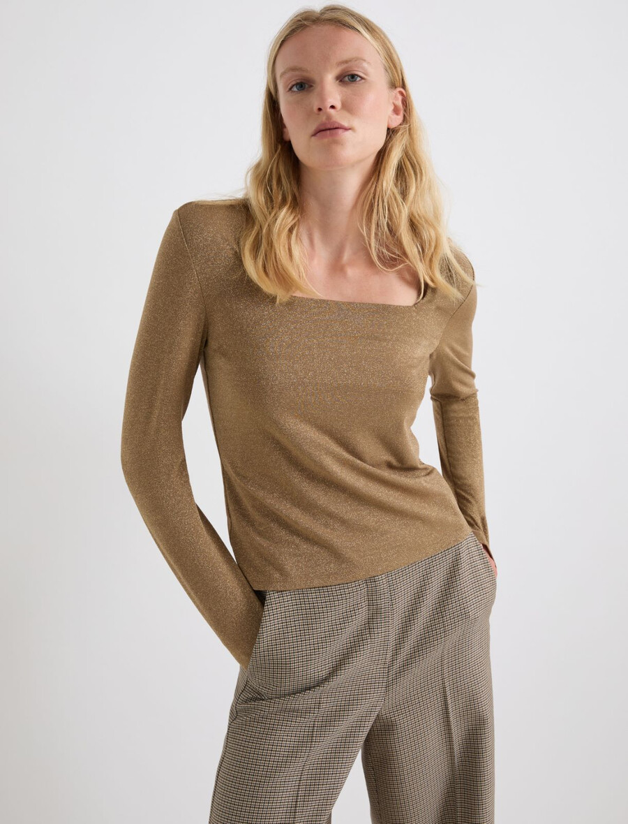 viskose-t-shirt mit lurex-verzierung – gold